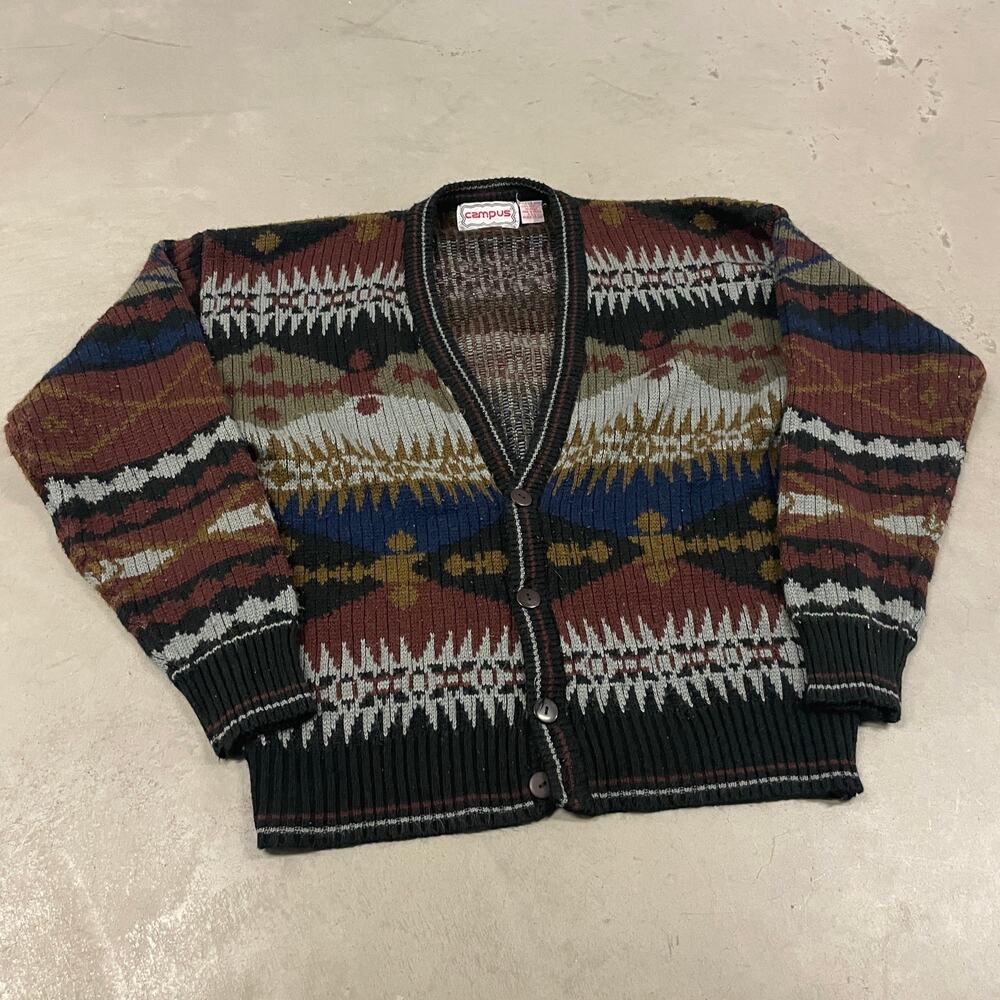 90s campus patterned cardigan sweater